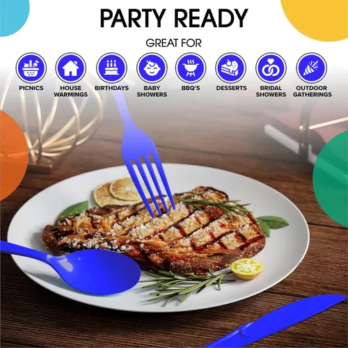 Miniatura 6 de Party Solids Tenedores de plástico azul oscuro, 200 piezas, tenedores azul oscuro, utensilios desechables, juego de cubiertos de plástico