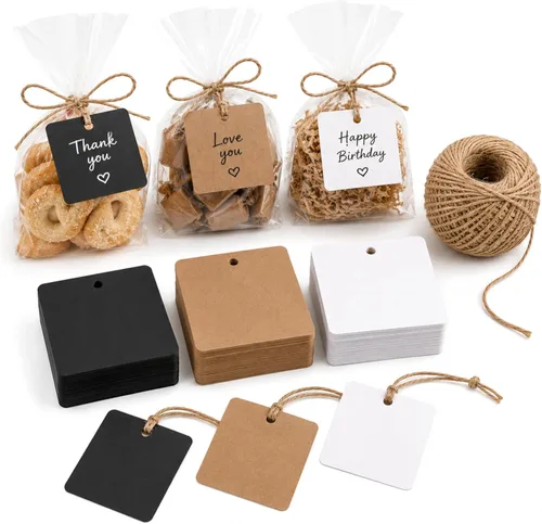 Miniatura 9 de Etiquetas de regalo de papel kraft de 150 quilates con StringTwine negro, blanco, marrón, juego a granel (festoneadas)