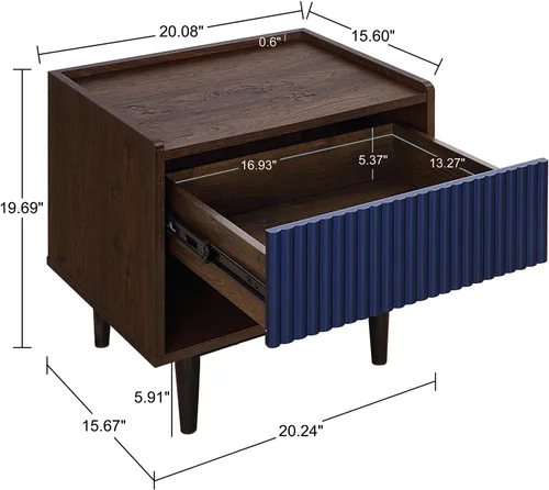 Miniatura 5 de Manhattan Comfort Duane Mesita de noche acanalada con cajón de extensión completa y estante abierto, patas de acero, mesita de noche, mesa de acento