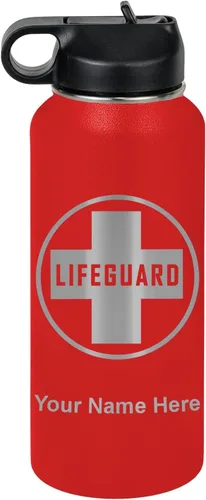 Miniatura 29 de LaserGram Botella de agua personalizada, salvavidas, acero inoxidable de doble pared aislada al vacío con popote superior, regalo grabado Negro