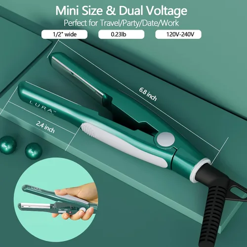 Miniatura 2 de Plancha plana pequeña para corte de pelo Pixie: alisadora de platos curvados de nanotanio de 1/2 pulgada, mini alisador de pelo de viaje para Verde