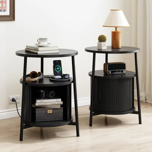 Miniatura 13 de ONBRILL Mesa auxiliar redonda con almacenamiento, mesita de noche acanalada con estación de carga, pequeñas mesas de noche modernas de mediados