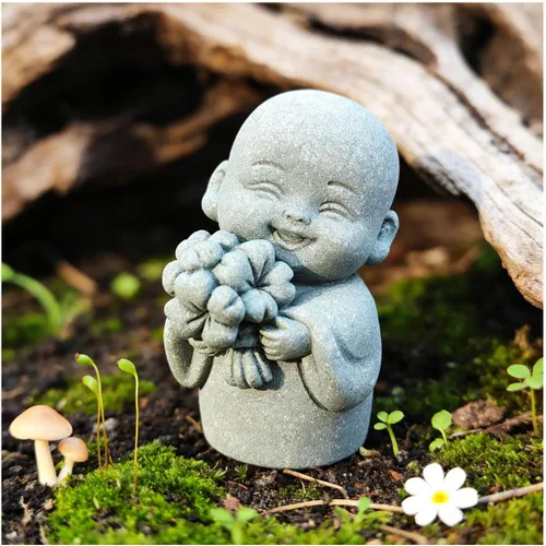 Miniatura 10 de livelyfish Estatua de monje japonés de 3 piezas de estatuas de buda de piedra arenisca zen rezando, esculturas asiáticas de jardín para buena