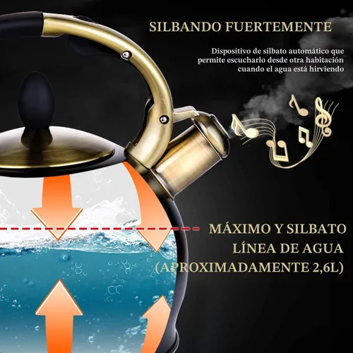 Miniatura 3 de SUSTEAS Tetera Silbante para Estufa - Tetera de Té de Acero Inoxidable Grado Alimenticio con Mango Ergonómico de Toque Frío, Con 1 Guante de Negro