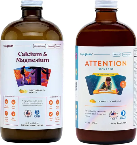 LIQUIDHEALTH Calcio con magnesio apoyo articular + atención de los niños, calma y enfoque paquete de suplemento de apoyo de memoria para niños