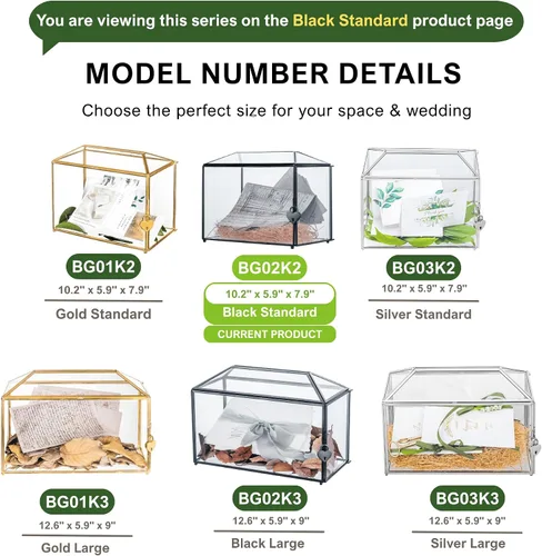 Miniatura 9 de NCYP Pequeña caja de tarjetas de cristal de boda con ranura y cerradura, 10.2 x 5.9 x 7.9 pulgadas, soporte geométrico negro para tarjetas