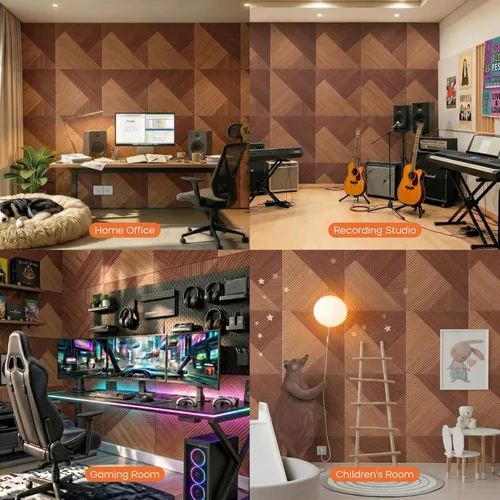 Miniatura 6 de BUBOS Paneles Acústicos Grandes, Paquete de 6 Paneles de Pared Insonorizados con Estampado de Patrón de Madera, Tamaño Total de 70.8 x 47.2 Tejido