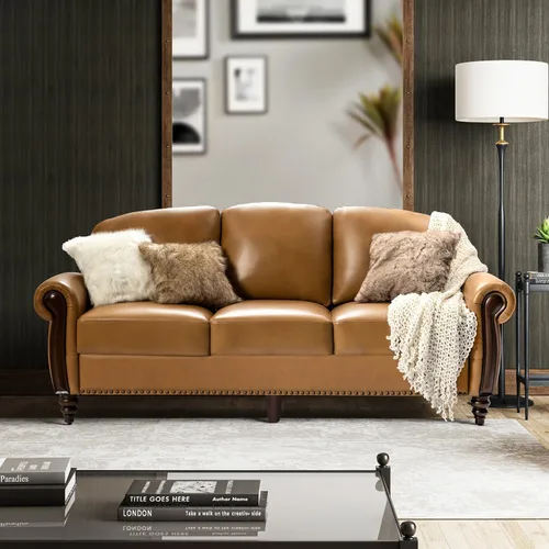 Miniatura 7 de HULALA HOME Sofá de cuero genuino de 3 plazas, sofá tradicional para sala de estar con patas de madera maciza talladas, color negro
