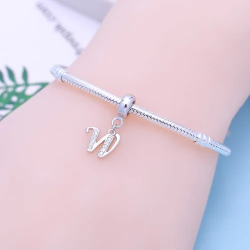 Miniatura 97 de ABUN Abalorio de plata de ley 925 con letra A a la Z, espaciador de inicial, con circonita cúbica transparete colgante, auténtica, para pulseras