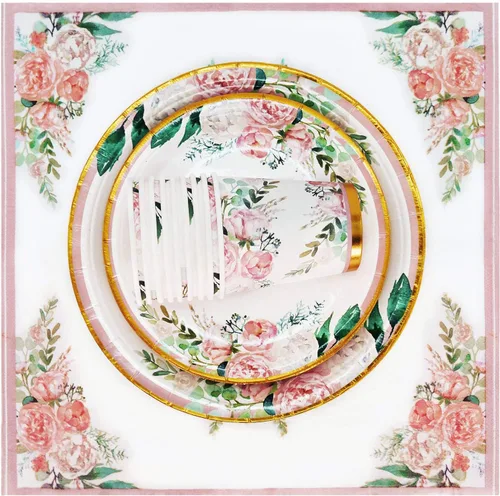 Miniatura 2 de Boosolo Suministros florales para fiestas, juegos de platos de papel y servilletas para 24 invitados, incluye platos de papel desechables florales