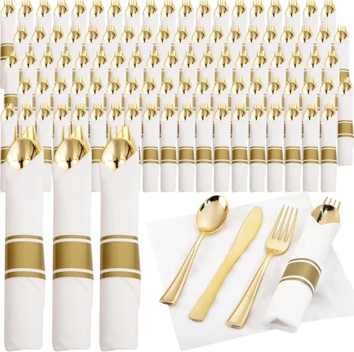 Supernal Juego de 120 cubiertos de plástico dorado envueltos con servilleta, servilletas preenrolladas con juego de cubiertos, cubiertos enrollados