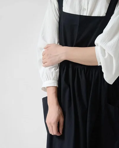 Miniatura 3 de Delantal japonés de lino de algodón con espalda cruzada para mujer con bolsillos Negro (agrandar y alargar)
