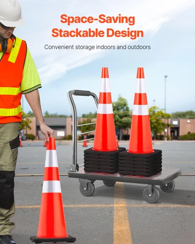 Miniatura 6 de VEVOR Conos de seguridad, paquete de 6 conos de tráfico de 36 pulgadas, conos de construcción naranja de PVC con collares reflectantes y base negra
