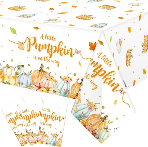 WovWeave Paquete de 3 manteles de calabaza pequeña para decoración de fiesta de baby shower de otoño para niños y niñas, fundas de mesa para Acción
