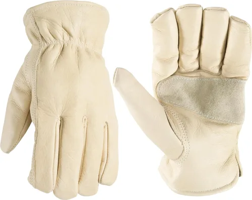 Wells Lamont Guantes de trabajo de cuero para hombre, piel de vaca, palma reforzada, ideales para construcción, agricultura, ganadería, ajuste Beige