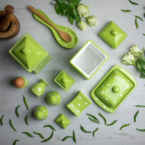 Miniatura 3 de City to Cottage Juego de 10 recipientes de cocina de cerámica de lunares verde lima y blanco hecho a mano, juego de almacenamiento de 10 recipientes