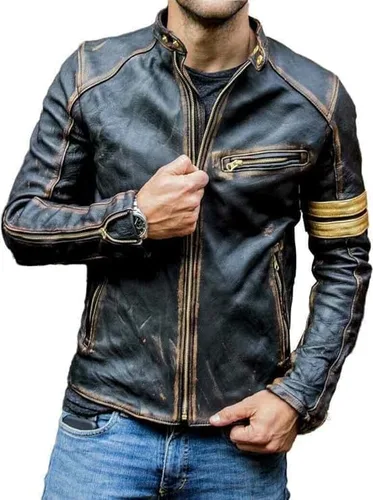 Chaqueta de cuero ligera clásica vintage Cafe Racer con rayas doradas, color marrón envejecido, para motocicleta, para hombre (as1, alpha, m,