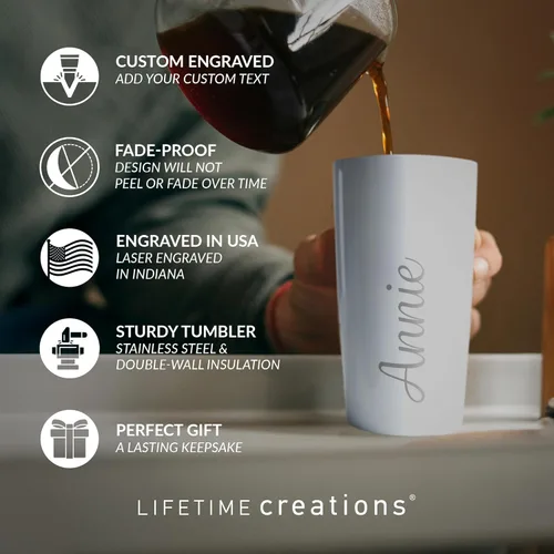 Miniatura 2 de Lifetime Creations Vaso de acero inoxidable personalizado grabado con nombre (blanco) - Vaso de metal personalizado, añade tu nombre, taza de viaje