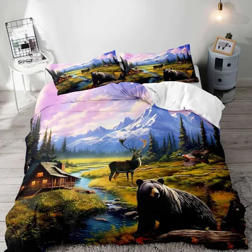 Miniatura 13 de LUVIVIHOME Juego de funda de edredón de 2 piezas, diseño de oso y alce, ciervo, ciervo, ropa de cama de cabaña, ropa de cama rústica de granja