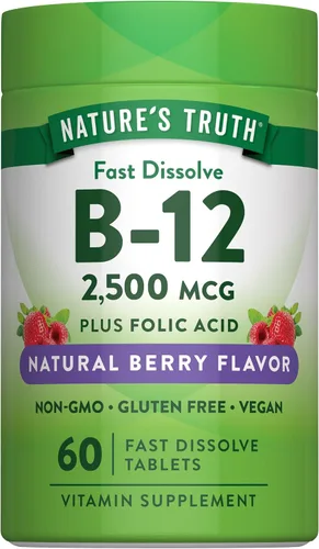 Nature's Truth Vitamina B12 | 60 tabletas de disolución rápida | 2500 mcg | con ácido fólico | Vegano, sin OMG y sin gluten
