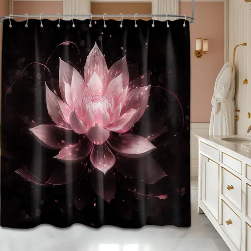 Miniatura 19 de Cortina de ducha con flores de loto negro y azul para decoración de baño, juego de cortinas decorativas de baño con estampado floral, tela