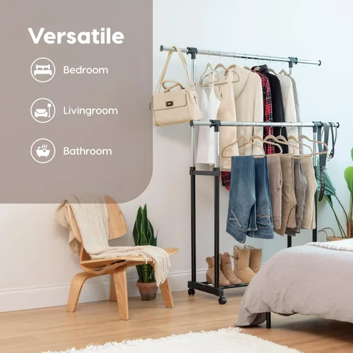 Miniatura 4 de IRIS USA Perchero portátil de doble barra ajustable con barra extensible y ruedas con bloqueo, ropa rodante, armario de doble barra, fácil