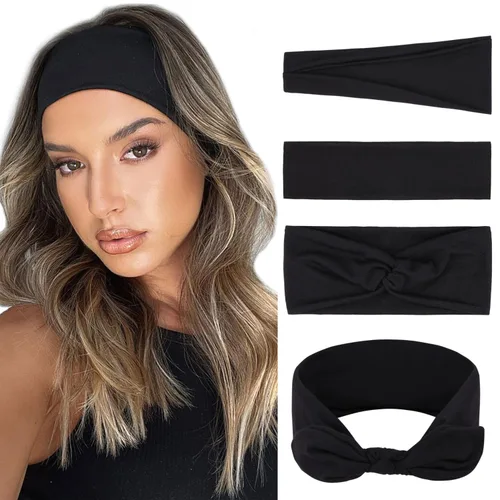 Miniatura 25 de Xtrend Paquete de 4 bandas anchas para el cabello para mujer, bandanas negras de moda, estilo bohemio, bandas gruesas para el cabello, grandes