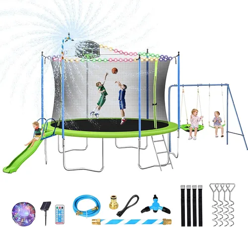 Lyromix Trampolín de 12 pies con tobogán y columpios, tranpolina recreativa grande aprobada por ASTM con rociador, aro de baloncesto y red,