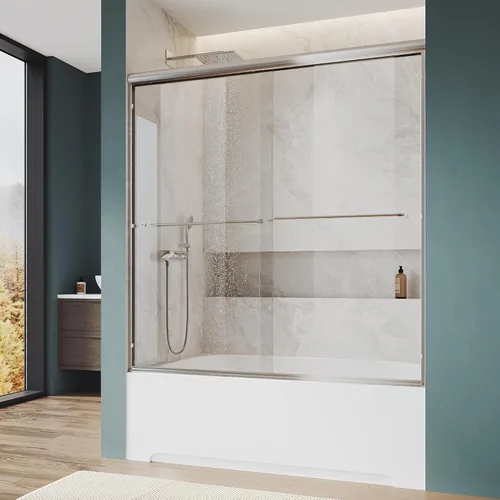 Miniatura 16 de ELEGANT 58.5-60 pulgadas de ancho x 57 3/8 pulgadas de alto, puertas corredizas de vidrio para bañera, puerta de ducha semi-sin marco con vidrio