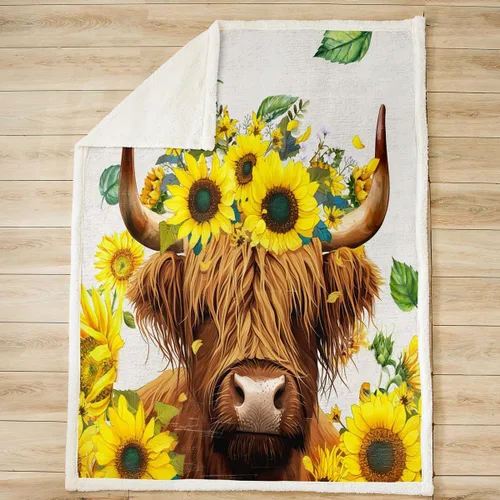 Manta de Vellón de Vaca Highland para Cama Sofá Sillón Niños Ganado Highland Girasol Manta de Felpa Decorativa para Habitación Animal Amarillo Multi