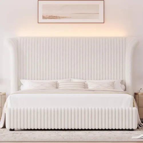 Miniatura 3 de Keyluv Marco de Cama Queen con Cabecera Alta Tipo Ala de Piel Sintética de 54", Cama Plataforma Tapizada con Luz LED, Base de Colchón con Soporte