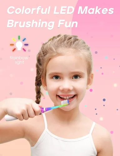Miniatura 3 de Cepillo de dientes eléctrico infantil, suave, con batería, con temporizador inteligente, resistente al agua, reemplazable, limpieza a fondo para Rosa