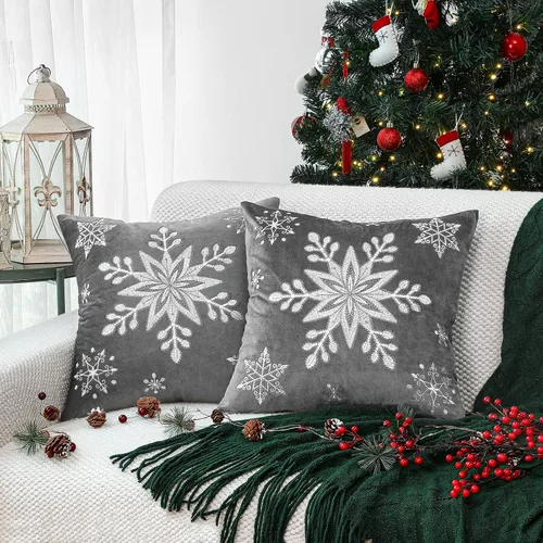 Miniatura 14 de Lewondr Fundas de almohada decorativas de Navidad, bordado de copos de nieve 16x16, fundas de almohada para el hogar, Navidad dorada, decorativas