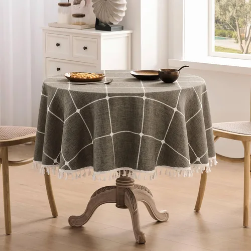 Miniatura 111 de ZeeMart - Mantel de mesa con diseño de cuadrícula boho y borlas (blanco roto, 132 cm x 132 cm), mantel de gran peso de lino a cuadros bordado
