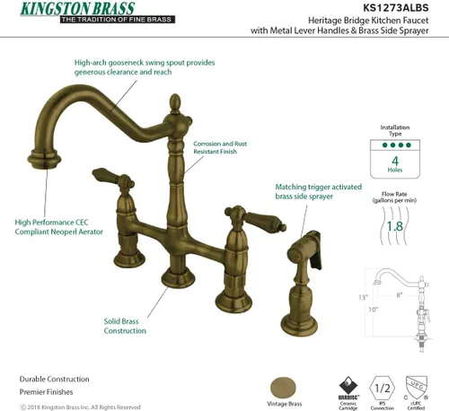 Miniatura 10 de Kingston Brass KS1273ALBS Heritage - Grifo de puente de cocina de 8 pulgadas con rociador de latón, latón antiguo