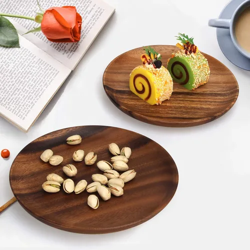Miniatura 2 de Ayiaren 2 unidades de platos decorativos de madera de acacia para ensalada, tableros redondos de charcutería, aperitivo, postre, tabla de servir
