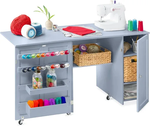Miniatura 12 de Best Choice Products Mesa de costura plegable grande, estación de manualidades portátil multiusos y escritorio lateral con diseño compacto, ruedas