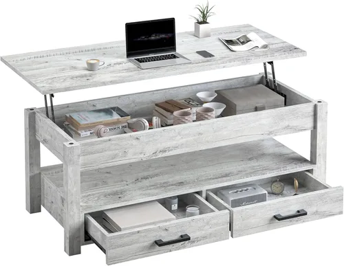 Miniatura 10 de FABATO Mesa auxiliar elevable de 41.7 pulgadas con 2 cajones de almacenamiento con compartimento oculto, estante de almacenamiento abierto para sala