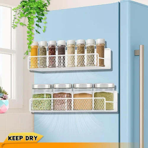 Miniatura 3 de Estante magnético para especias para refrigerador, paquete de 2 estantes magnéticos para refrigerador con 4 ganchos, estantes magnéticos negros