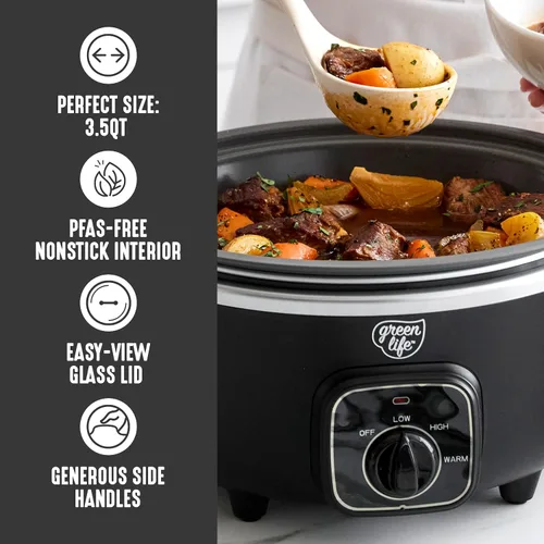 Miniatura 7 de GreenLife 3.5QT Olla de cocción lenta, cerámica antiadherente sin PFAS ni tóxicos, recipiente interior extraíble, programable, función mantener