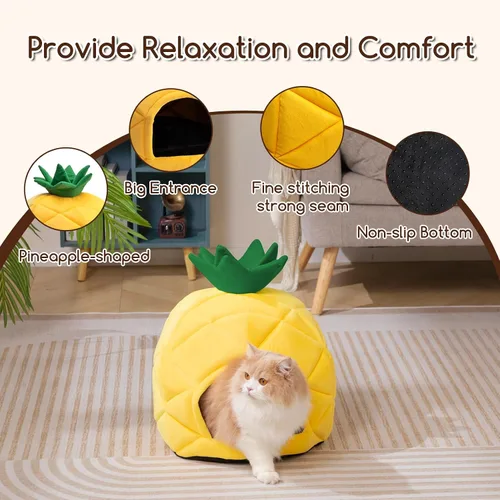 Miniatura 5 de Hollypet Cama para gatos autocalentable para gatitos, cabaña, nido de mascotas, cama para dormir para gatos de interior, amarillo, cueva de piña