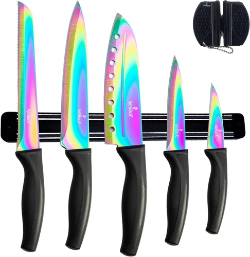 SiliSlick Juego de cuchillos de cocina, 5 cuchillos coloridos aptos para lavavajillas, afilador de cuchillos y barra de pared magnética, chapado en