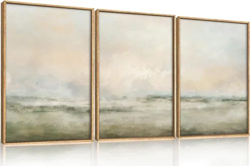 Miniatura 9 de Aryroi Juego de arte de pared en lienzo abstracto grande con marco floral, estilo bohemio, retro, neutro, flores silvestres, arte botánico de flores