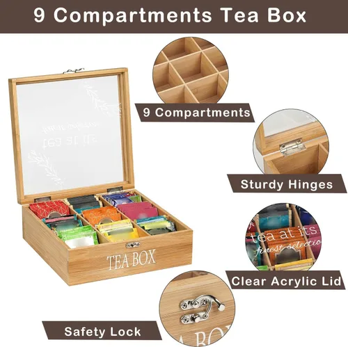 Miniatura 6 de Caja de té, almacenamiento de bolsas de té, organizador de bolsas de té de bambú, baúl moderno con 9 compartimentos y cubierta transparente
