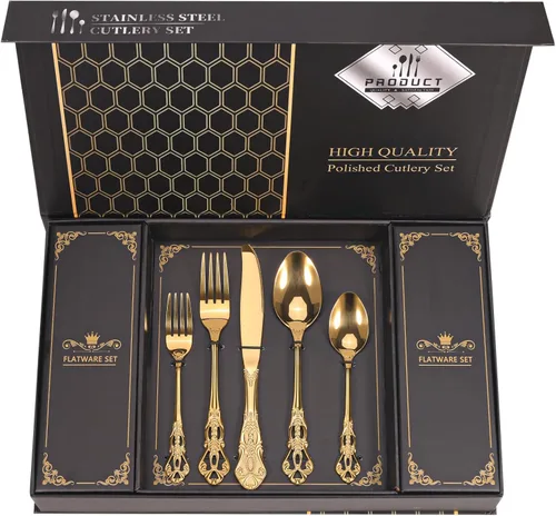 Miniatura 7 de Juego Retro Royal Negro de Cubiertos MIKIWAY con Caja de Regalo, 20 Piezas de Servicio de Cubiertos de Acero Inoxidable para 4, Juego de Vajilla