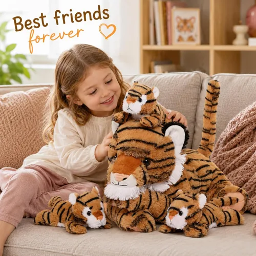 Miniatura 4 de MorisMos Juguetes de Peluche de Tigre - Conjunto Suave de Peluche de Tigre Mamá y Bebés, Tamaño Grande, 20 pulgadas