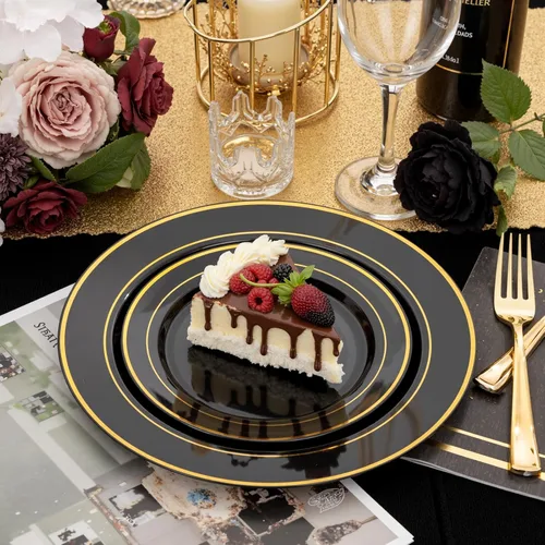 Miniatura 3 de NOCCUR 200 platos de plástico negro y dorado para 100 invitados - Incluyen 100 platos desechables resistentes de 10" para cena / 100 platos