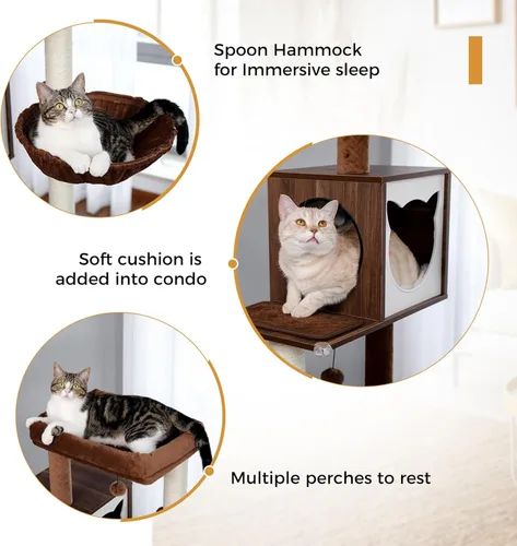Miniatura 5 de Árbol alto para gatos con recinto para caja de arena de 56.7" Torre de madera para gatos para gatos grandes con hamaca casa cama para gatos