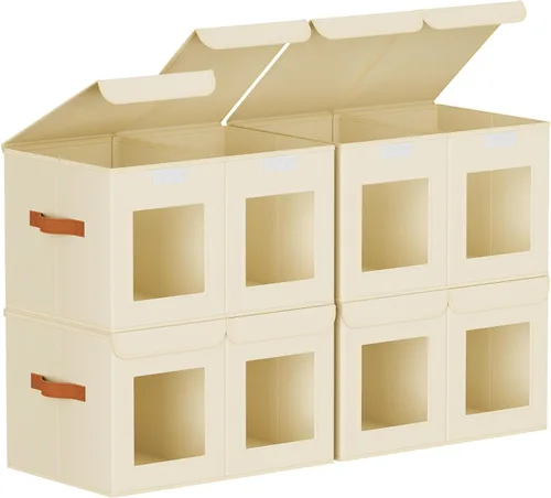 Miniatura 15 de Homsorout Contenedores grandes de almacenamiento para armario, organizador de ropa plegable dividido con tapas y doble ventana, contenedores Beige