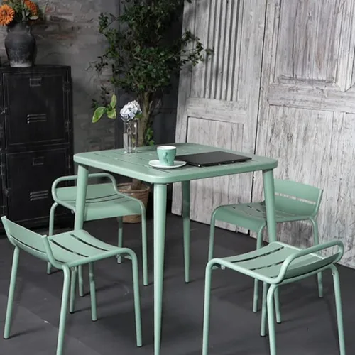 Miniatura 4 de Mesa de comedor moderna cuadrada de metal para 4 personas para exteriores e interiores, hogar, cafetería, bar, oficina, escritorio, reunión, césped